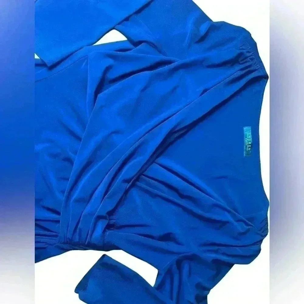 Lauren by Ralph Lauren faux wrap ruched 3/4 sleeve blue dress  M/L?